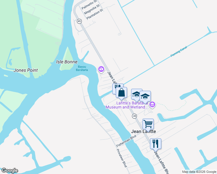 map of restaurants, bars, coffee shops, grocery stores, and more near 5147 Touchard Lane in Lafitte