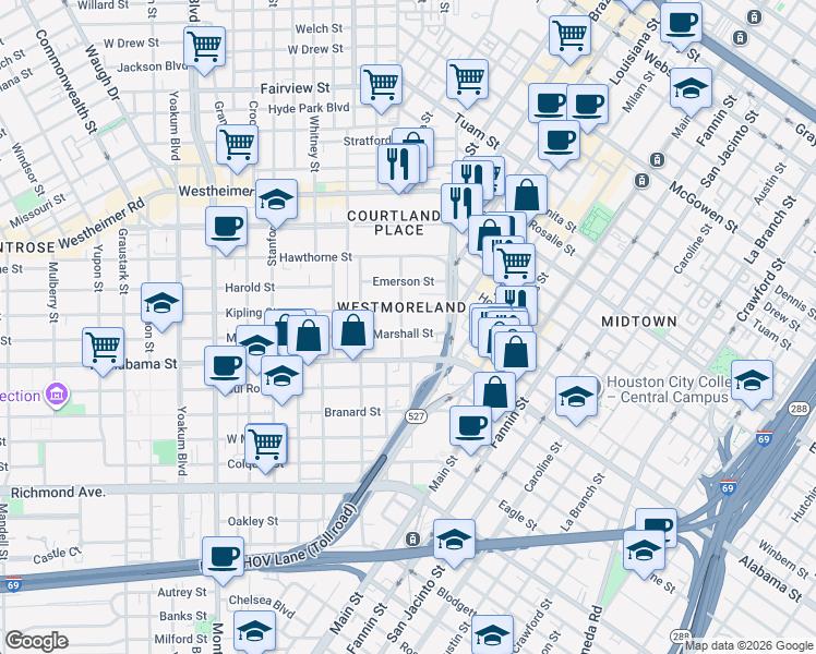 map of restaurants, bars, coffee shops, grocery stores, and more near 400 Westmoreland Street in Houston