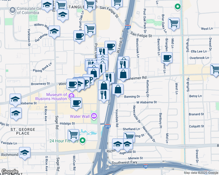 map of restaurants, bars, coffee shops, grocery stores, and more near 2600 West Loop South in Houston