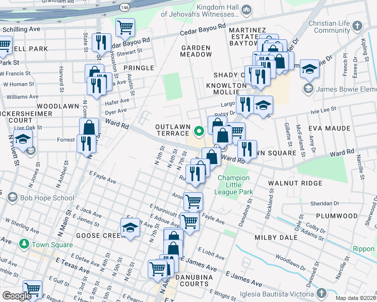 map of restaurants, bars, coffee shops, grocery stores, and more near 1600 North 7th Street in Baytown