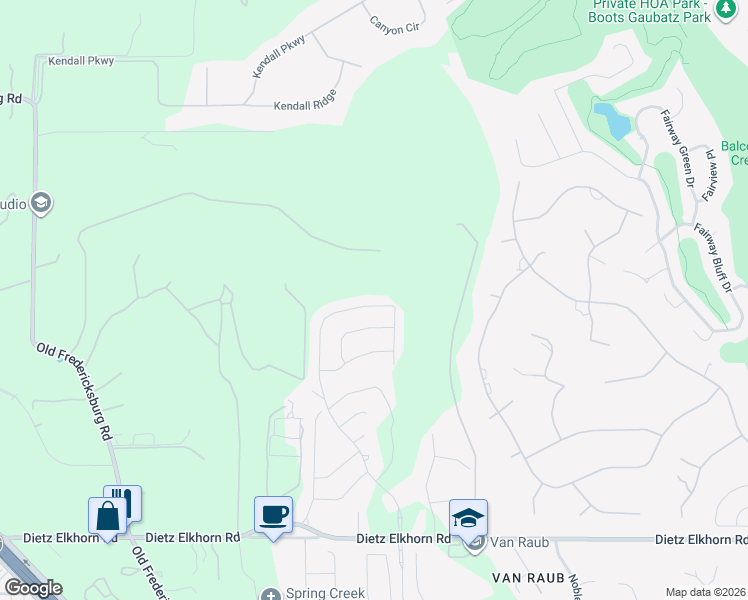 map of restaurants, bars, coffee shops, grocery stores, and more near 29752 Elkhorn Ridge in Fair Oaks Ranch
