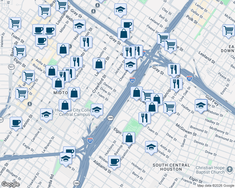map of restaurants, bars, coffee shops, grocery stores, and more near 2600 Hamilton Street in Houston