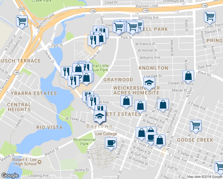 map of restaurants, bars, coffee shops, grocery stores, and more near 898 Rosewood Drive in Baytown