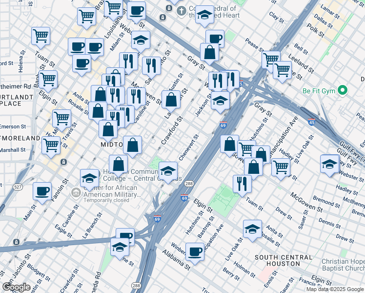 map of restaurants, bars, coffee shops, grocery stores, and more near 1620 Drew Street in Houston