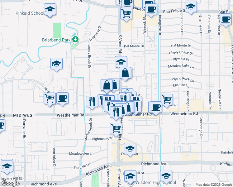 map of restaurants, bars, coffee shops, grocery stores, and more near 2520 South Voss Road in Houston