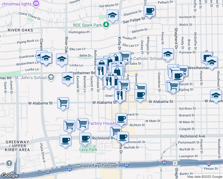 map of restaurants, bars, coffee shops, grocery stores, and more near 2800 Kirby Drive in Houston
