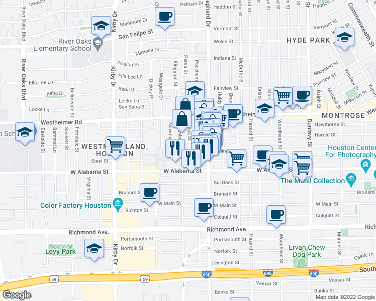 map of restaurants, bars, coffee shops, grocery stores, and more near 2144 Kipling Street in Houston