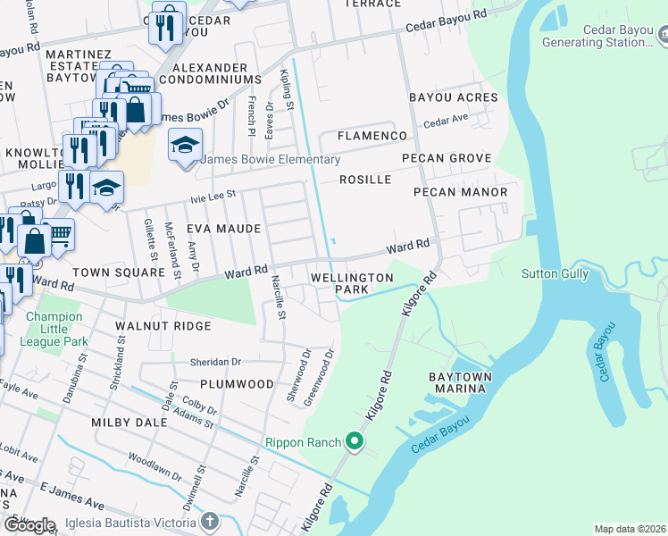 map of restaurants, bars, coffee shops, grocery stores, and more near 2133 Ward Road in Baytown