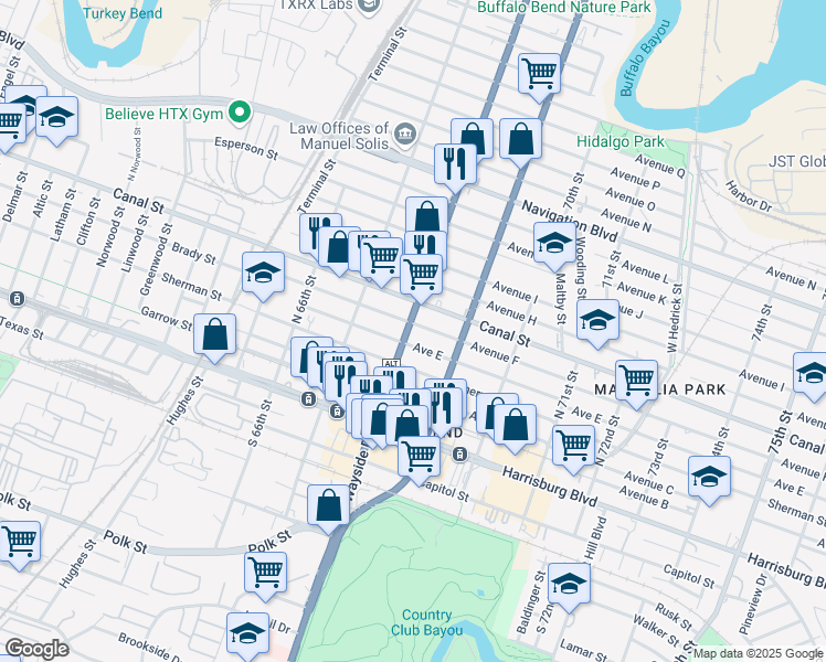 map of restaurants, bars, coffee shops, grocery stores, and more near 6734 Avenue F in Houston