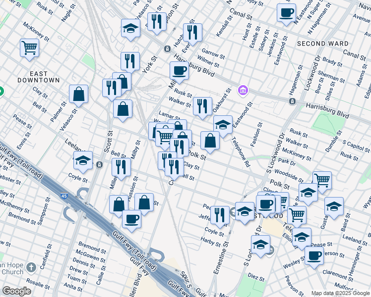 map of restaurants, bars, coffee shops, grocery stores, and more near in Houston