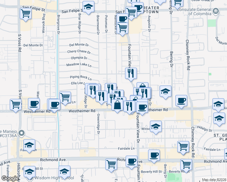 map of restaurants, bars, coffee shops, grocery stores, and more near 2503 Nantucket Drive in Houston