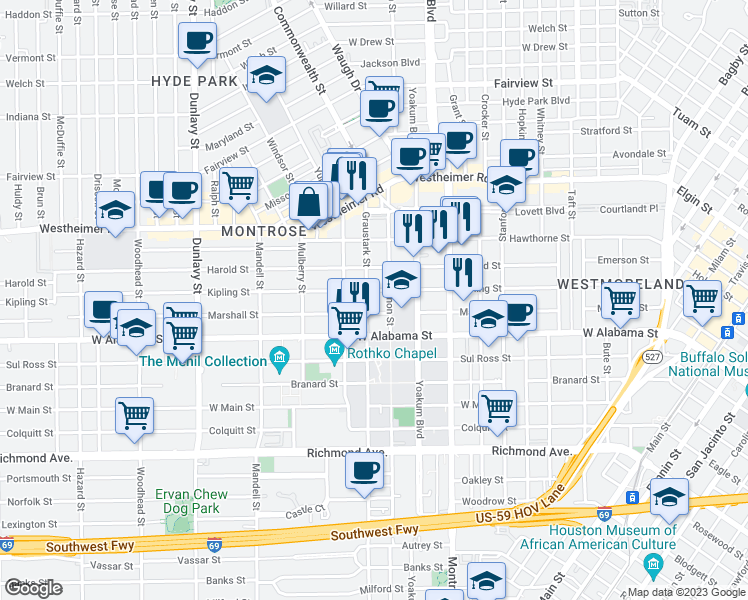 map of restaurants, bars, coffee shops, grocery stores, and more near 3520 Mount Vernon Street in Houston