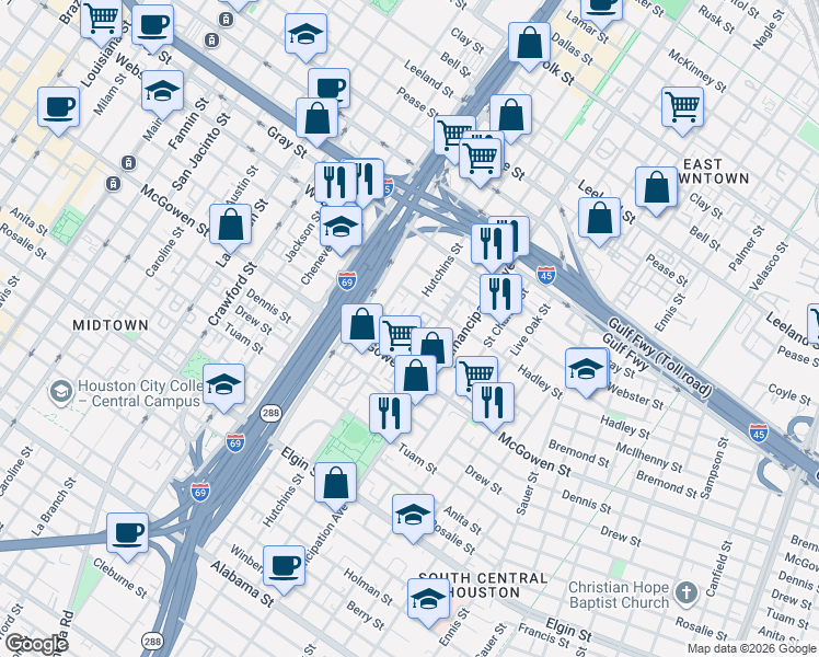 map of restaurants, bars, coffee shops, grocery stores, and more near 2309 Hutchins Street in Houston