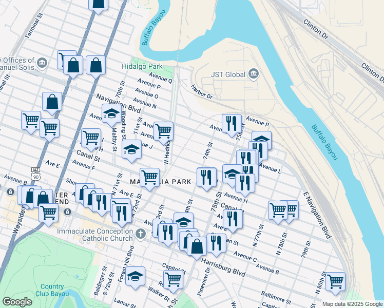 map of restaurants, bars, coffee shops, grocery stores, and more near 7331 Avenue K in Houston