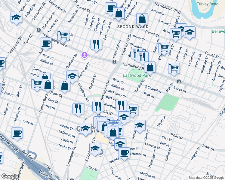 map of restaurants, bars, coffee shops, grocery stores, and more near 4623 McKinney Street in Houston