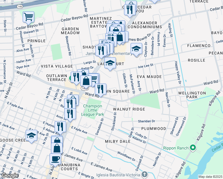 map of restaurants, bars, coffee shops, grocery stores, and more near 1700 Danubina Street in Baytown