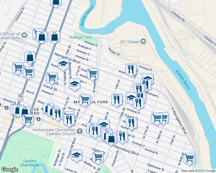 map of restaurants, bars, coffee shops, grocery stores, and more near 7331 Avenue K in Houston