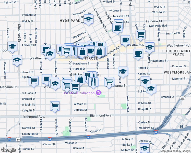map of restaurants, bars, coffee shops, grocery stores, and more near 1522 Kipling Street in Houston