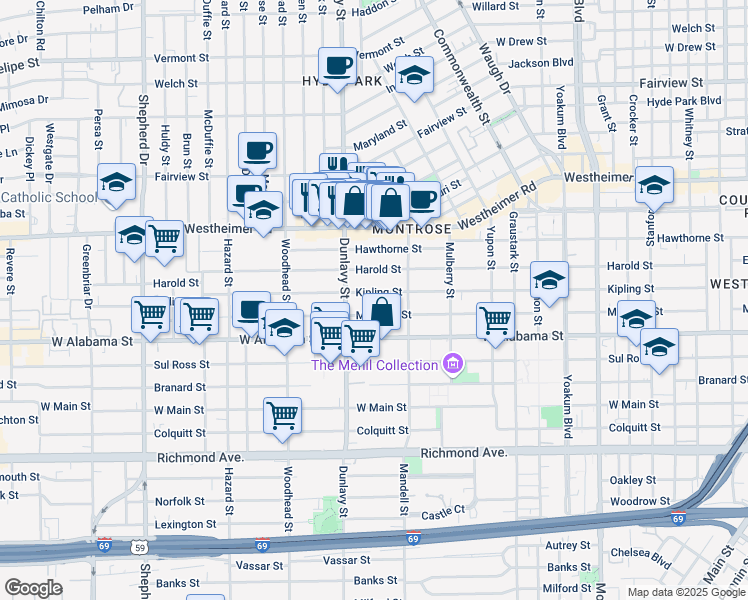 map of restaurants, bars, coffee shops, grocery stores, and more near 1704 Harold Street in Houston