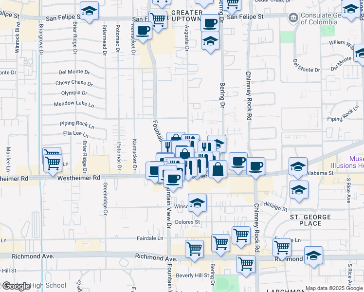 map of restaurants, bars, coffee shops, grocery stores, and more near 2524 Augusta Drive in Houston