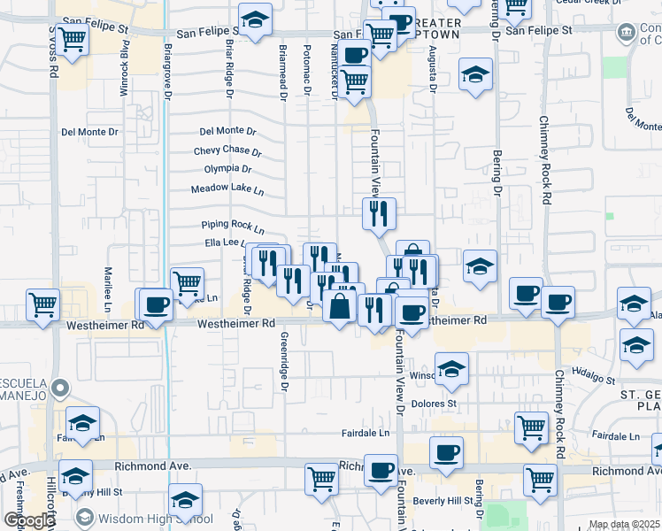 map of restaurants, bars, coffee shops, grocery stores, and more near 2503 Nantucket Drive in Houston