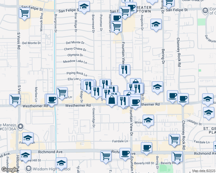 map of restaurants, bars, coffee shops, grocery stores, and more near 2503 Nantucket Drive in Houston