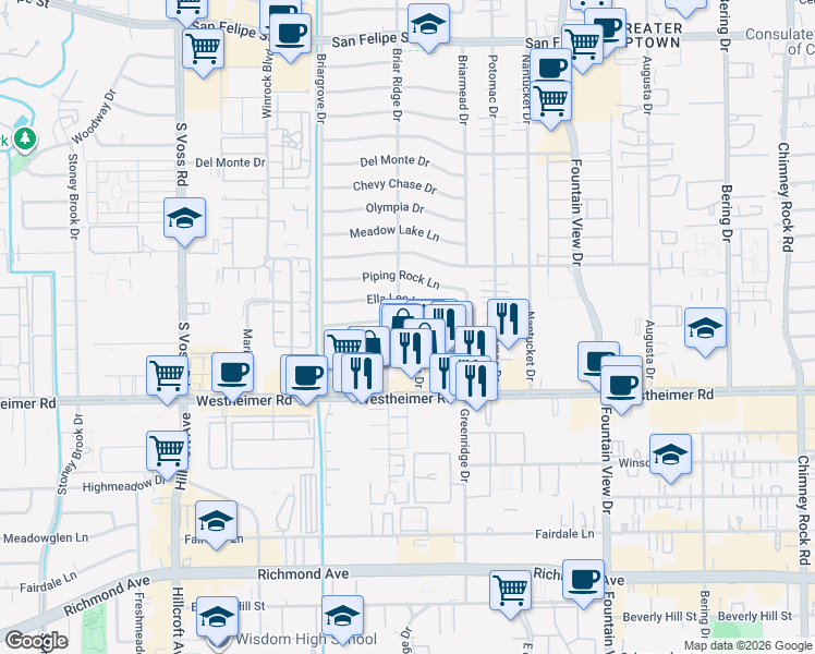 map of restaurants, bars, coffee shops, grocery stores, and more near 6147 Ella Lee Lane in Houston