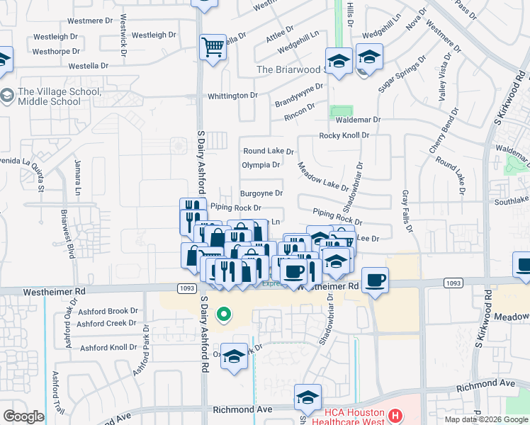 map of restaurants, bars, coffee shops, grocery stores, and more near 12514 Piping Rock Drive in Houston