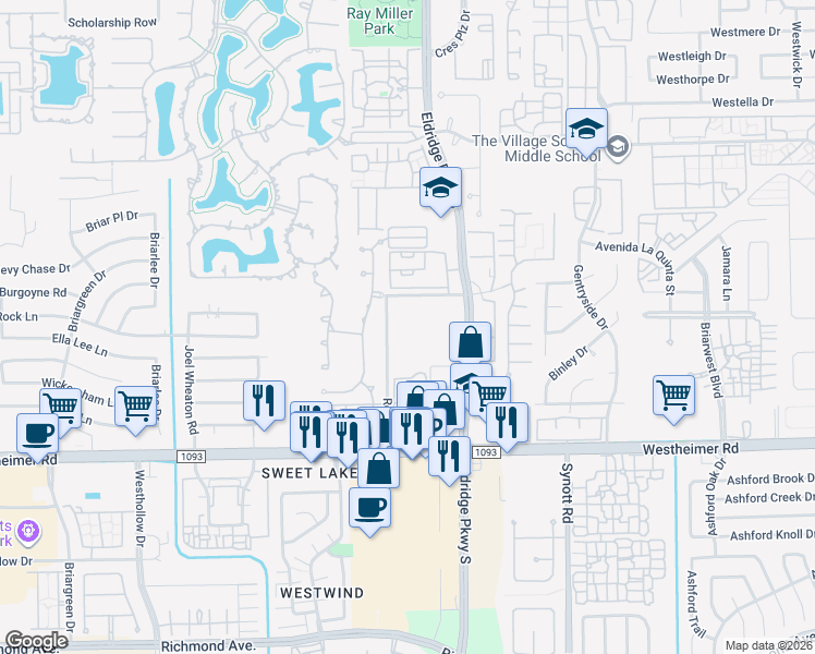 map of restaurants, bars, coffee shops, grocery stores, and more near 2207 Camden Creek Lane in Houston
