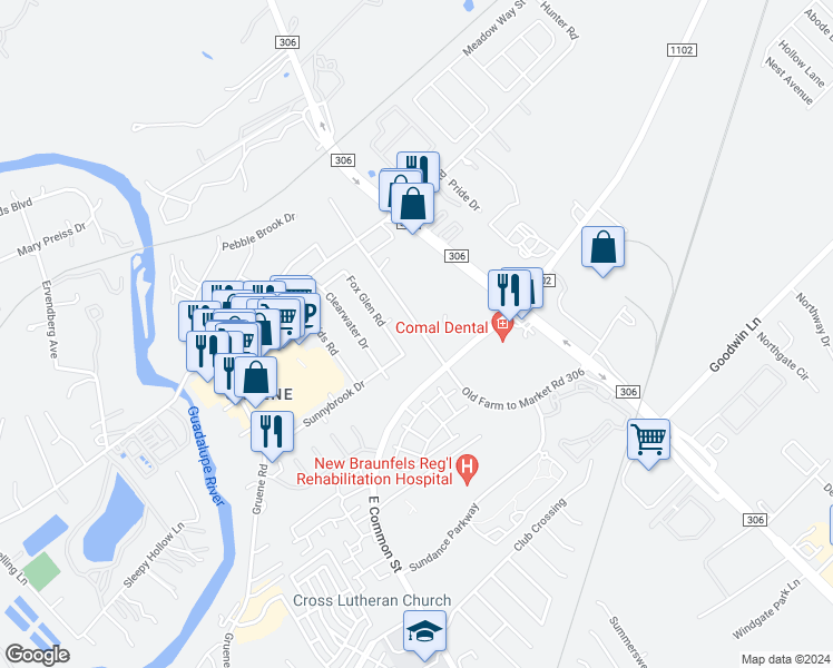 map of restaurants, bars, coffee shops, grocery stores, and more near 1217 Old Farm to Market Road 306 in New Braunfels