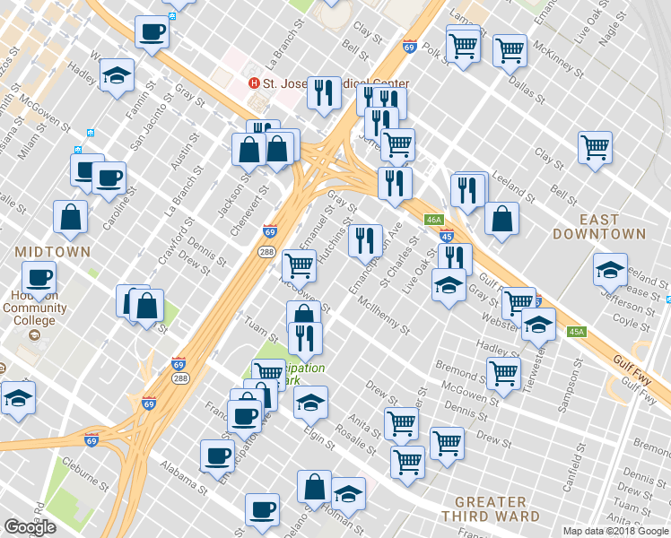 map of restaurants, bars, coffee shops, grocery stores, and more near 2309 Hutchins Street in Houston