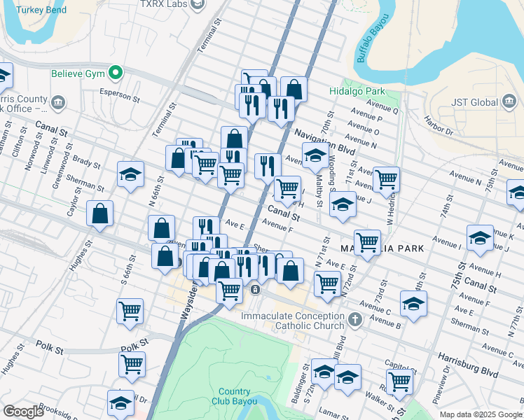 map of restaurants, bars, coffee shops, grocery stores, and more near in Houston