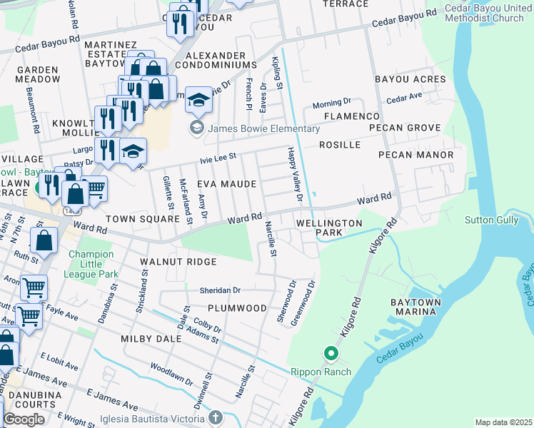 map of restaurants, bars, coffee shops, grocery stores, and more near 2012 Ward Road in Baytown