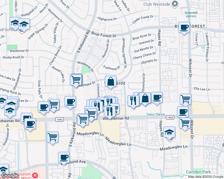 map of restaurants, bars, coffee shops, grocery stores, and more near 11630 Lakeside Park Drive in Houston