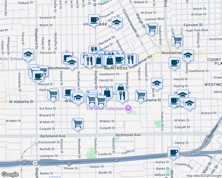 map of restaurants, bars, coffee shops, grocery stores, and more near 1612 Kipling Street in Houston