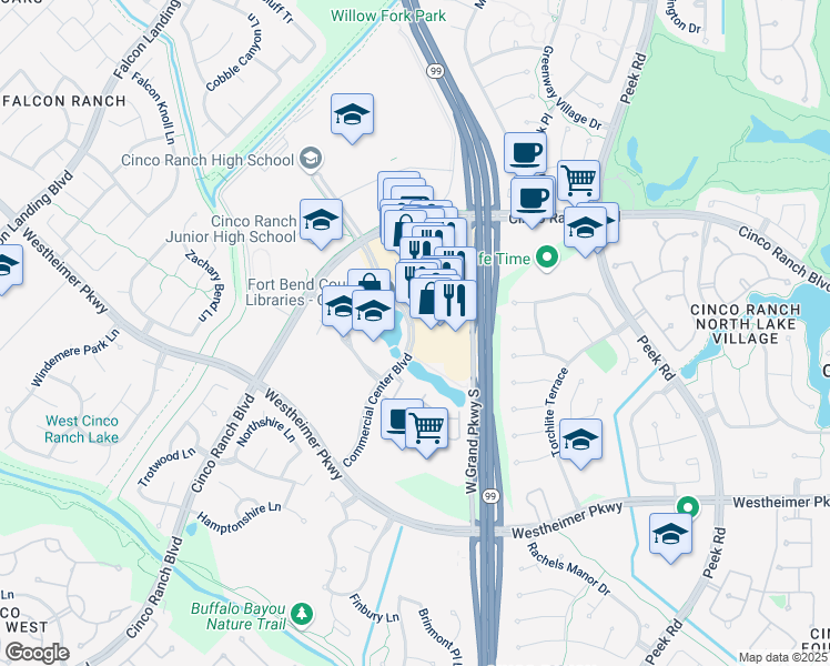map of restaurants, bars, coffee shops, grocery stores, and more near 2735 Commercial Center Boulevard in Katy
