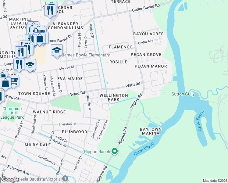 map of restaurants, bars, coffee shops, grocery stores, and more near 3 Wellington Park in Baytown