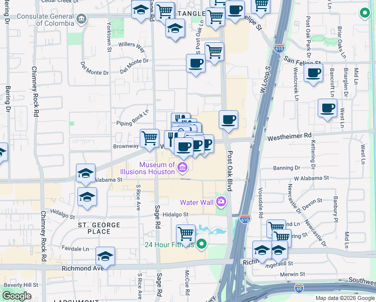 map of restaurants, bars, coffee shops, grocery stores, and more near 5061 Westheimer Road in Houston