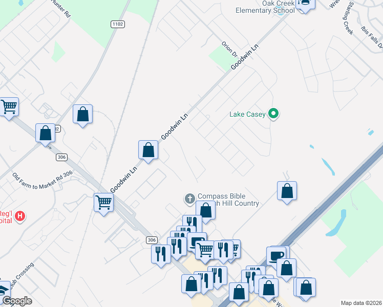 map of restaurants, bars, coffee shops, grocery stores, and more near 554 Gatewood Circle in New Braunfels