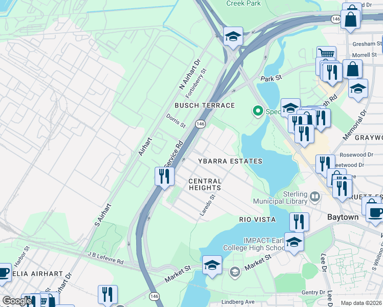 map of restaurants, bars, coffee shops, grocery stores, and more near 2109 West Texas Avenue in Baytown