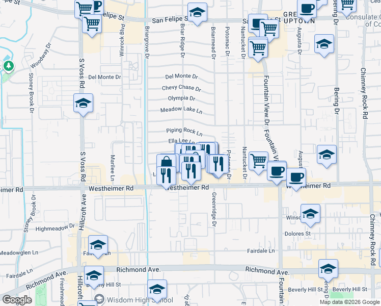 map of restaurants, bars, coffee shops, grocery stores, and more near 6147 Ella Lee Lane in Houston