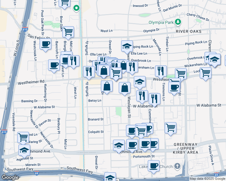 map of restaurants, bars, coffee shops, grocery stores, and more near 4000 Essex Lane in Houston