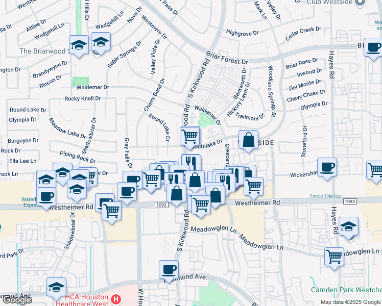 map of restaurants, bars, coffee shops, grocery stores, and more near 24 Southlake Drive in Houston