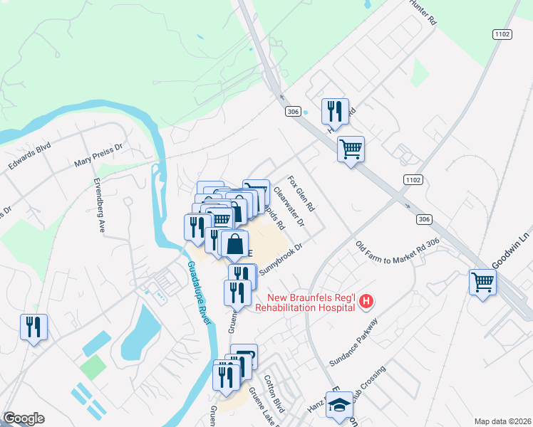 map of restaurants, bars, coffee shops, grocery stores, and more near 1724 Hunter Road in New Braunfels