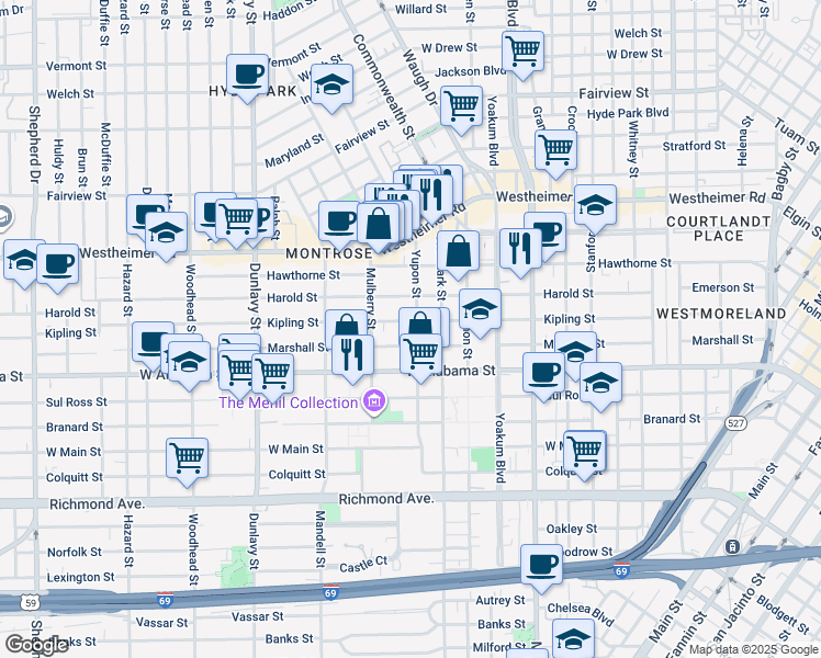map of restaurants, bars, coffee shops, grocery stores, and more near 3531 Yupon Street in Houston