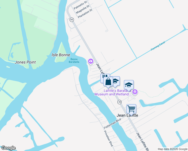 map of restaurants, bars, coffee shops, grocery stores, and more near 5147 Touchard Lane in Lafitte