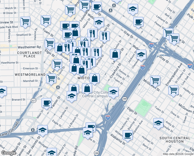 map of restaurants, bars, coffee shops, grocery stores, and more near 3004 Austin Street in Houston