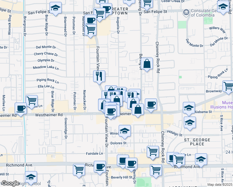 map of restaurants, bars, coffee shops, grocery stores, and more near 2660 Augusta Drive in Houston