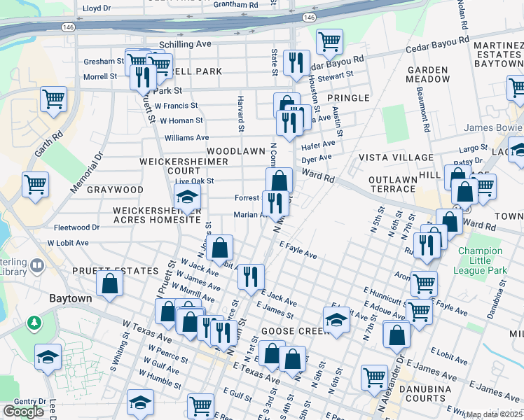 map of restaurants, bars, coffee shops, grocery stores, and more near 1050 North Commerce Street in Baytown