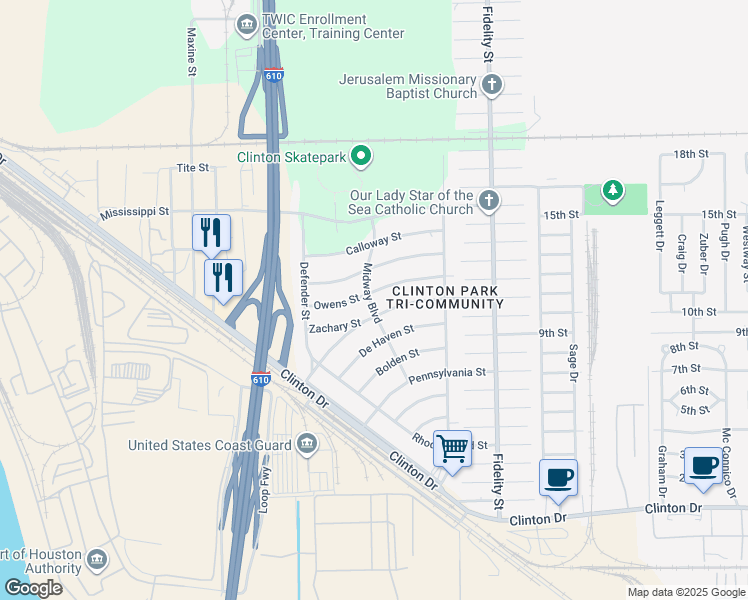 map of restaurants, bars, coffee shops, grocery stores, and more near 206 Owens Street in Houston